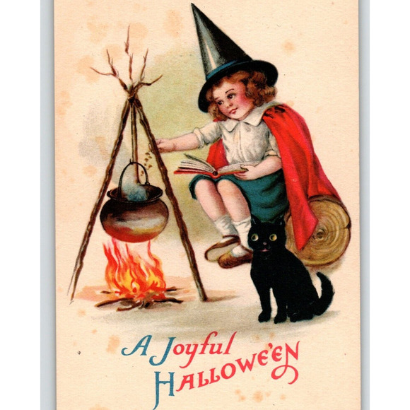 Halloween Postcard Ellen Clapsaddle Girl Witch Caldron Black Cat Wolf Series 106